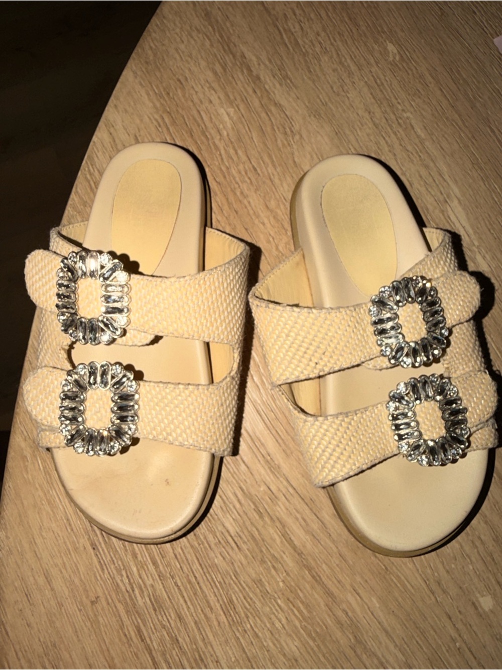 ShuShop Cream Slide Sandals with Decorative Silver Buckles